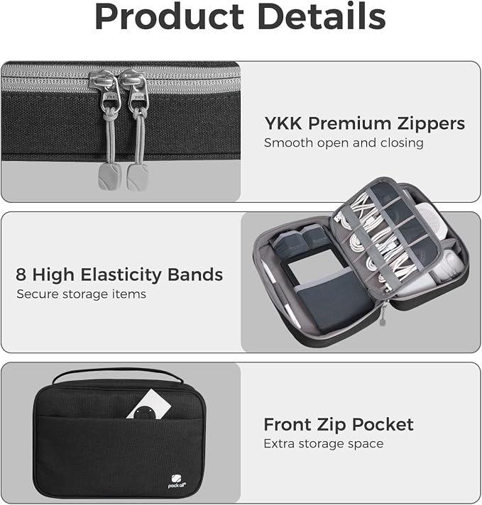 pack all Electronic Organizer Plus, Shockproof Cable Organizer Bag | Large Capacity, Water-resistant, Portable & Durable, Travel Tech Pouch for Chargers, Phones, USB Cords, Black - Image 7