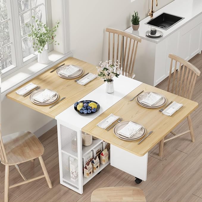 IDEALHOUSE FoldingTable, Drop Leaf Dining Table with 6 Wheels and 2-Layer Storage Shelf, Space Saving Table for Small Spaces (Natural Wood, 50.1" D x 31.4" W x 29.5" H) by IDEALHOUSE