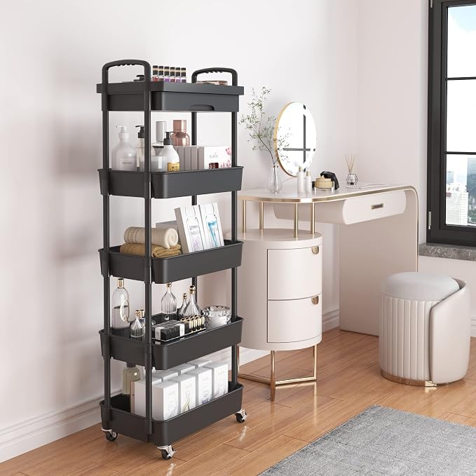 Calmootey 5-Tier Utility Cart with Drawer & Wheels, Storage for Home,Office | Space-Saving Organizer, Sturdy Plastic Shelves, Smooth-Rolling Metal Wheels, Built-in Drawer for Small Items, Black - Image 2