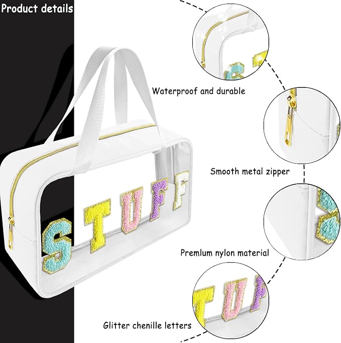 Chenille Letter Clear Makeup Bag Stuff Patch, Travel Toiletry Makeup Bag with Handle, Nylon Waterproof Makeup Bags clear cosmetic bag, preppy patch makeup bag for Women (STUFF-White) - Image 3