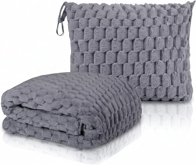 Travel Blanket with Bag, Soft Fleece Portable Airplane Blanket, Grey | Soft fleece travel blanket 50x60in grey. 5-in-1: pillow, lumbar support, shawl, hand warmer. Washable, luggage sleeve, clip. by Unknown