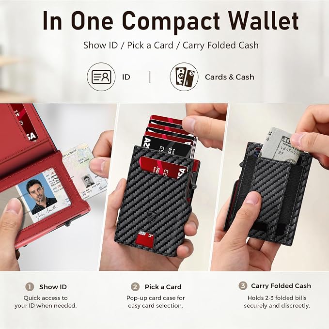 RUNBOX Wallet for Men, RFID Blocking Pop-Up Card Holder, Black+RED | Minimalist Aluminum Smart Wallet with ID Window, Compact Credit Card Holder, Stretchable Cash Slot, Birthday Gift for Men - Image 6