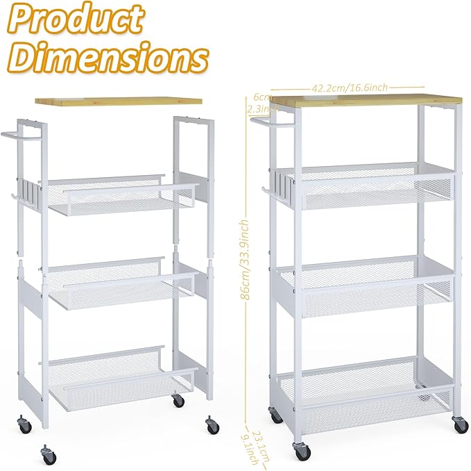 Vincona 9.1" Wide Slim Rolling Utility Cart, 4 Tier Metal Narrow Storage Cart with Handle and Wood Top, Multifunctional Small Mobile Shelf Unit Organizer Trolley for Laundry, Bathroom, Kitchen - Image 7