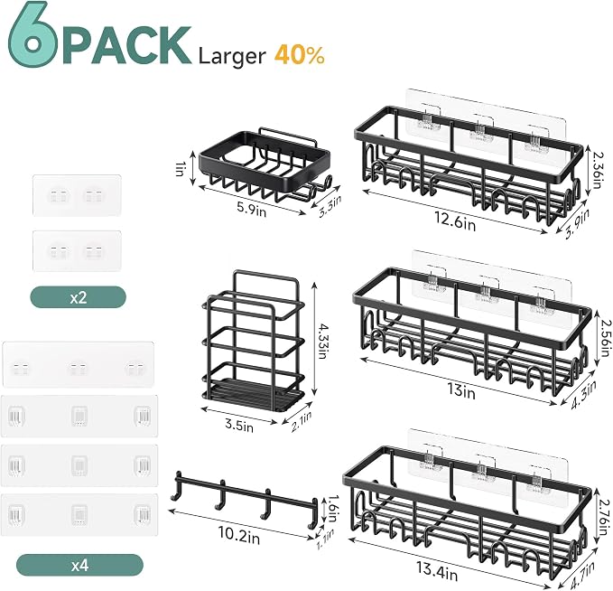 Veken Shower Caddy 6-Pack with Hooks, Bathroom Organizers & Storage, Black | Advanced Rustproof Design, Large Capacity, No Drilling, Adhesive Shelves Rack, Wall-Mounted Kitchen & Home Decor - Image 7