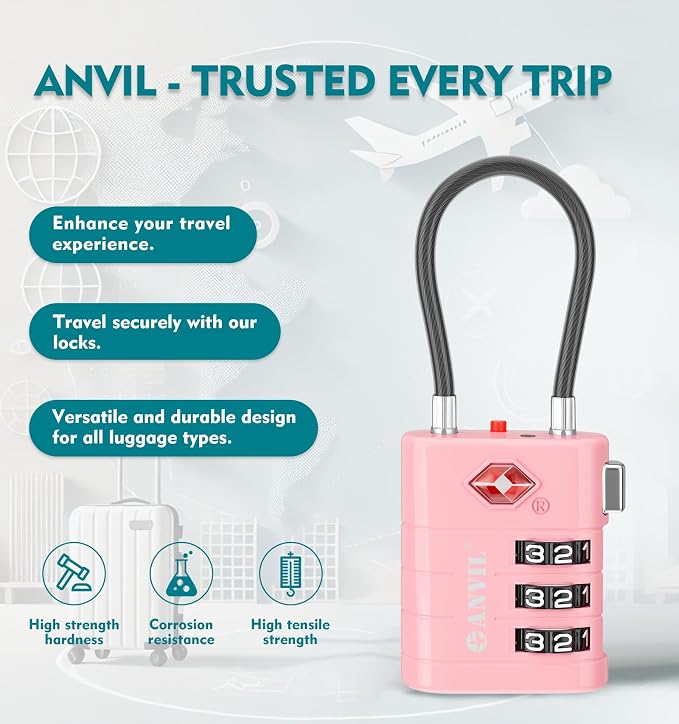 ANVIL TSA Approved Luggage Locks – High Security TSA008 Combination Travel Locks with Inspection Indicator for Suitcases and Backpacks. (2, Pink) - Image 4
