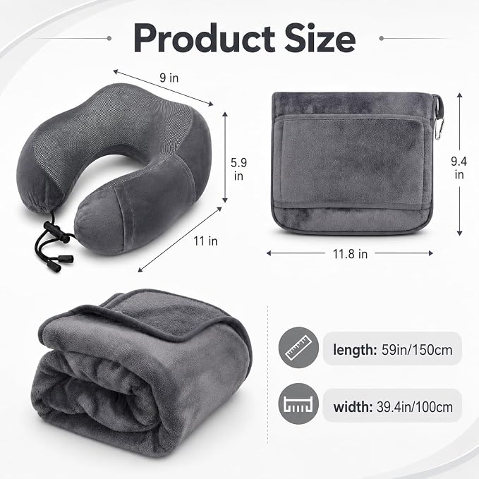 Travel Blanket and Pillow Set - Neck Pillow Airplane Essentials, Dark Grey | Memory Foam, Sleep Mask, Earplugs with Bag, Fleece Soft Comfort for Long Plane Flight Traveling Car Road Trip Flying - Image 2