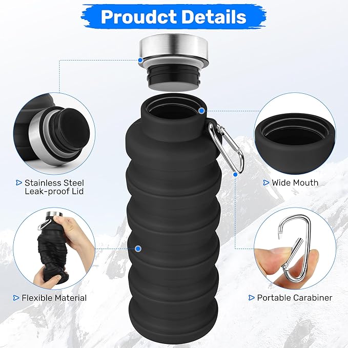 Collapsible Water Bottle, 16oz Portable Reusable Silicone Water Bottle, BPA-Free Leak-Proof Foldable Design with Carabiner, Lightweight Durable for Gym, Travel, Camping, Hiking, Sports-Green - Image 6