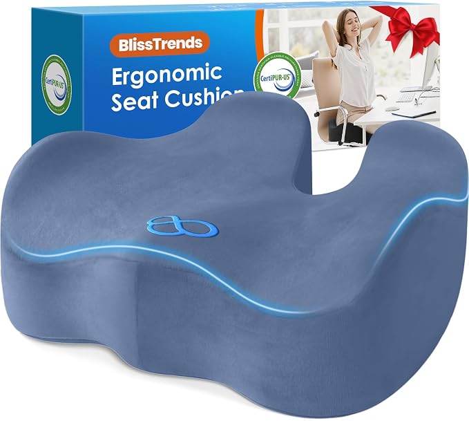 BlissTrends Extra Thick Seat Cushion for Office Chair & Car Seat, LightBlue | Tailbone & Sciatica Relief, Ergonomic Support, High-Density Memory Foam, Comfort for Extended Sitting by BlissTrends