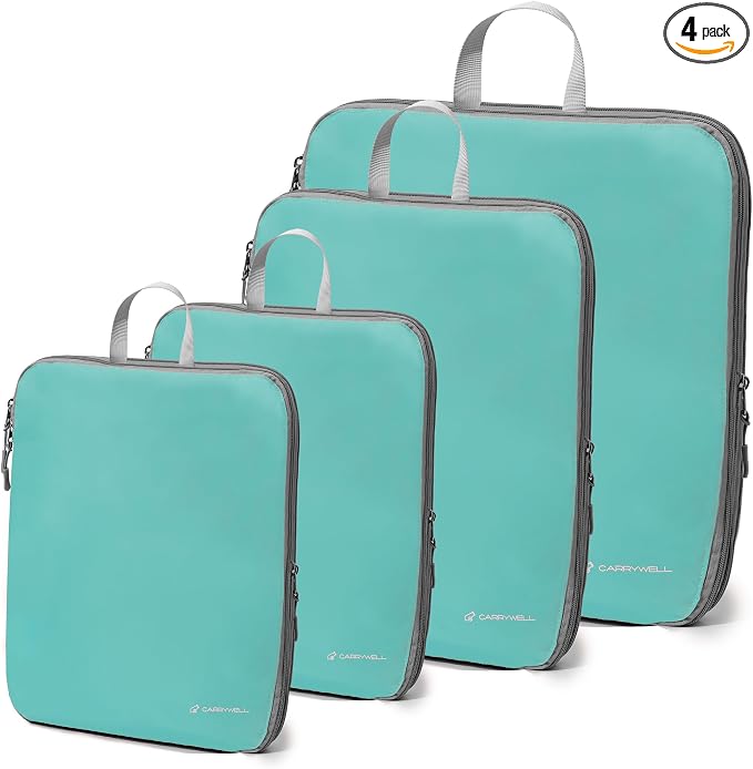 (Not Made In China) Compression Packing Cubes For Travel, Suitcase and Luggage Space Saver Organizer Bags, Lightweight, Waterproof Nylon, Durable, 4pc Set, Lake Blue by Carrywell