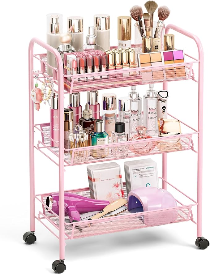 TOOLF 3 Tier Rolling Cart, Metal Utility Storage Cart with Wheels, Pink | 3 Hooks, Screwless Assembly, Trolley Organizer for Bathroom, Kitchen, Office, Nursery, Dorm, Laundry Room by TOOLF