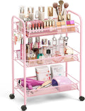 TOOLF 3 Tier Rolling Cart, Metal Utility Storage Cart with Wheels, Pink | 3 Hooks, Screwless Assembly, Trolley Organizer for Bathroom, Kitchen, Office, Nursery, Dorm, Laundry Room by TOOLF