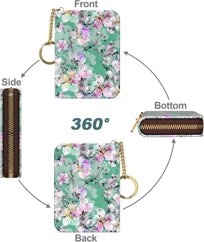 Nipichsha Women's Small RFID Blocking Credit Card Wallet, Plum Flower, Leather, Slim and Compact Size, 12-Slot with Privacy Protection | Leather Card Holder Wallet, Credit Card Wallet Organizer, Business Card Case with Zipper & Keychain, 12-Slot Compar... - Image 2