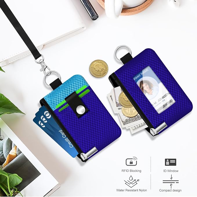 Minimalist RFID Blocking Small Wallet with ID Window,WaterResistant Zip Id Case Wallet with Lanyard Keychain for Cards,Cash,Travel,Women,Men (Sapphire Blue/Lake Blue) - Image 7