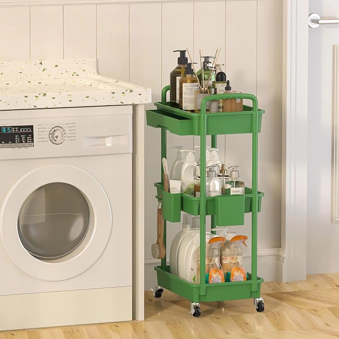 3 Tier Rolling Utility Cart with Drawer, Plastic Storage Organizer Rolling Carts with Wheels Handles Hanging Cups Hooks for Office, Bathroom, Kitchen,Craft Art Room (Green) - Image 6