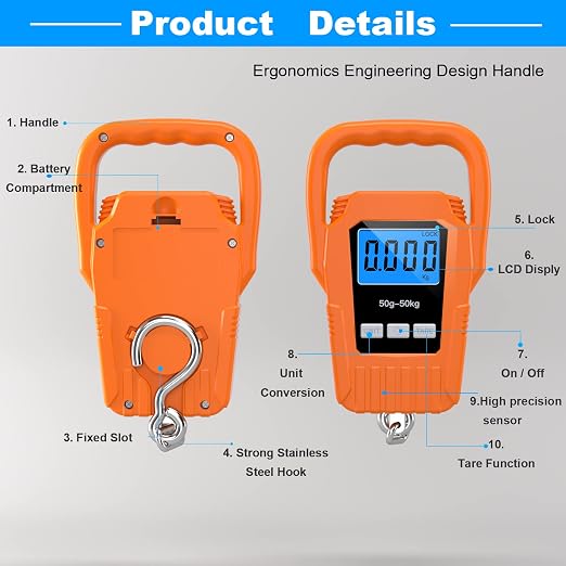 SKEAP Digital Fish Scale Hanging Scale Fishing Scale,110lb/50kg Luggage Scale,Upgrade Large Handle & Backlit LCD Display, Electronic Balance Digital Fishing Postal Scale,Orange,Fishing Gifts for Men - Image 4