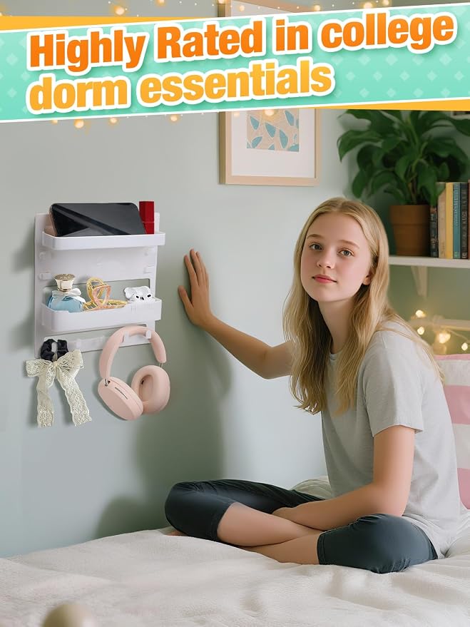 Bedside Wall Organizer Shelf Storage with Cable Clips, Dorm Room Must Haves | No Drill, Bed Floating Nightstand, Remote Control Holder, Key Holder, Preppy Collage Dorm Room Decor Essentials - Image 4