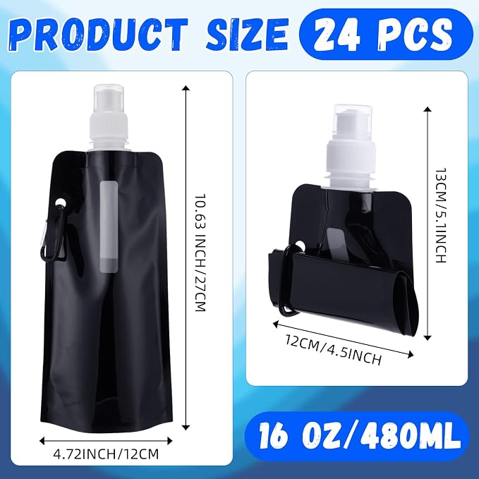 Teenyyou 24 Pack Collapsible Water Bottles Bulk 16oz Foldable Water Bottles with Carabiner Reusable Drinking Leak Proof Container Bags for Sport Biking Hiking Camping Travel Outdoor (Black) - Image 2