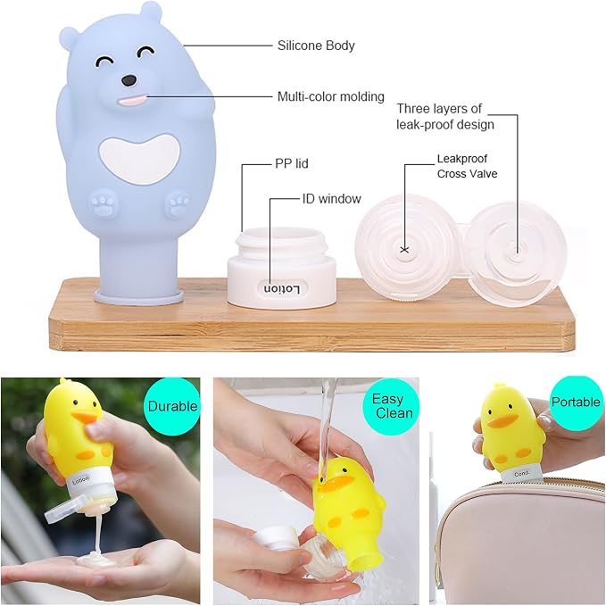 Cute Cartoon Travel Size Silicone Bottle Set for Toiletries, 4Pack | Cute Design, BPA Free, Leak Proof, TSA Approved, Squeezable, Refillable, Built-in Label, Extra Protection, Trip Gift Choice - Image 7