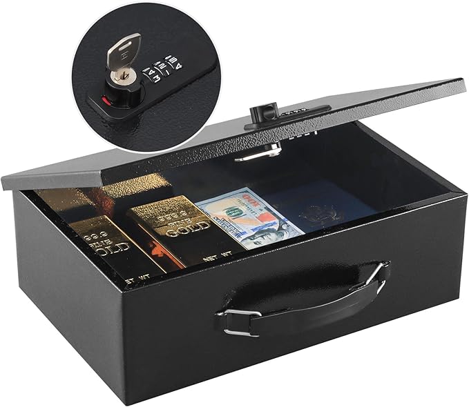 KYODOLED Fireproof Lock Box for Documents, Dual Combination and Key Lock Security with Carrying Handle, Metal Strong Safe Box to Keep Personal Items,Documents, Exterior 12.6" x 8.3" x 3.58", Black by KYODOLED