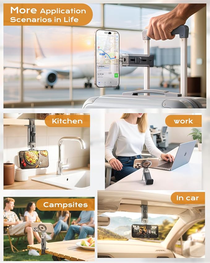 DIMONCOAT for Metal Magsafe Airplane Phone Holder, Travel Essentials Mount | [24*N55 Ultra Magnetic] 360° Adjustable Hands-Free Flying Phone Stand for Women Men, for iPhone 17 16 15 Pro Max - Image 2