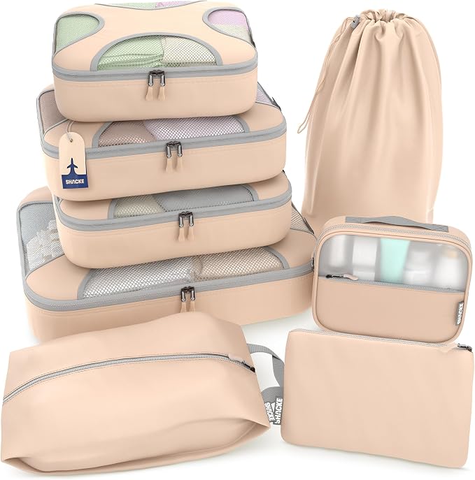 Shacke 8 Set Packing Cubes for Travel, Shoe & Toiletry Bags (Nude Biege) | Complete Suitcase Organizer Bags Set: 4 Luggage Packing Cubes + Laundry, Shoe, Toiletry & Accessories Bags for Any Trip by Shacke