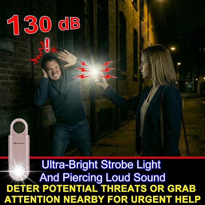 130dB Personal Safety Alarm Strobe Light. Loud Sound Keychain Siren with Carabiner for Women, School Children, Night Runners, Hiking. Bear Alarm Deterrent. SOS Emergency Self Defense Alerts. Rose Gold - Image 3