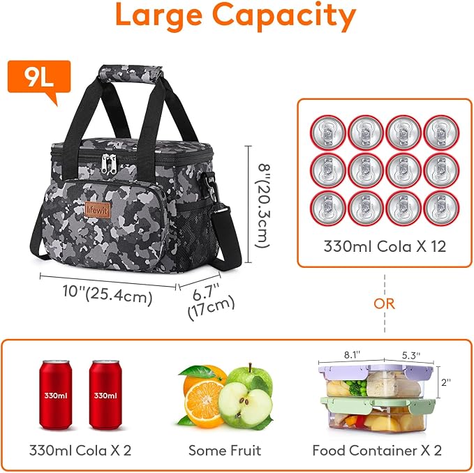 Lifewit Medium Lunch Bag, Insulated Lunch Box, Soft Cooler Cooling Tote for Adult Men Women, Black Camo 12-Can (9L) - Image 4
