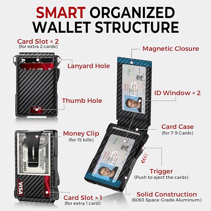 RUNBOX Wallet for Men, Mens Minimalist Wallet Holds 14 Cards, Compact Pop Up Wallet with Dual ID Windows & Money Clip, RFID Blocking Flip Up Card Holder, Metal Aluminum Credit Card Case Bifold Wallet - Image 5