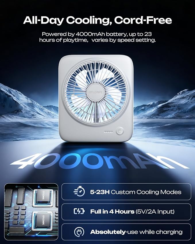 Otlonpe Personal Portable Desk Fan, 4000mAh Small Rechargeable Portable Fan Battery Operated & USB Powered for Travel Sleeping Bedroom Office Home Table, Cordless, Quiet, 4-Speed, 6.5 Inch (White) - Image 3