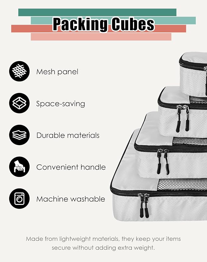 WTREE 4-Piece Packing Cubes Travel Accessories Set for Suitcases - Luggage Organizer Bags with Double Zipper - Mesh Top - Small/Medium/Large/Slim - Beige - Image 2