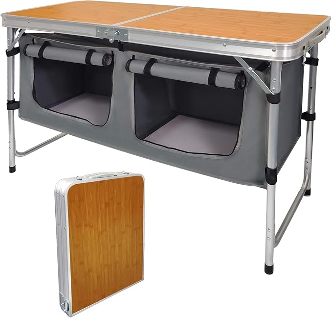 Folding Camping Table with Storage Lightweight Camp Tables Portable Indoor/Outdoor Collapsible Table Height Adjustable Camp Kitchen Perfect for Picnic, Beach, Travel, Tailgating, Backyards, BBQ, Party by HYMnature