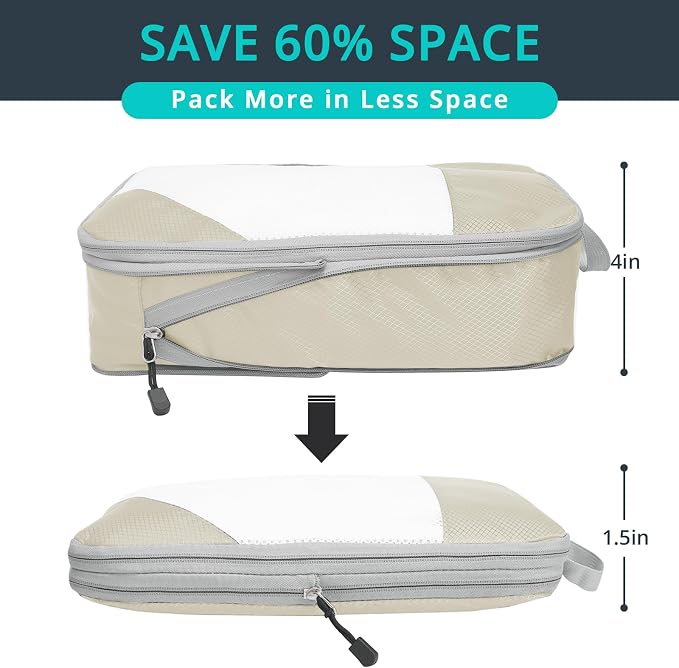 9 Set Compression Packing Cubes for Travel - Compressible, Lightweight, and Space-Saving Packing Cubes, Travel Essentials for Women, Beige - Image 2