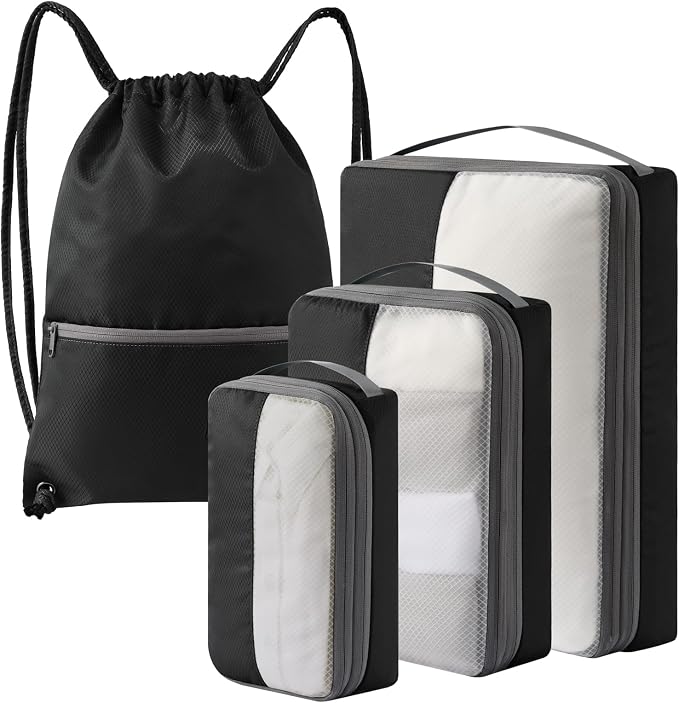 4 Set Compression Packing Cubes for Travel, Bonus Versatile Drawstring Backpack, Lightweight Luggage Organizer Bags, Sturdy Travel Accessories for Suitcase, Black by KOOKOOMIA