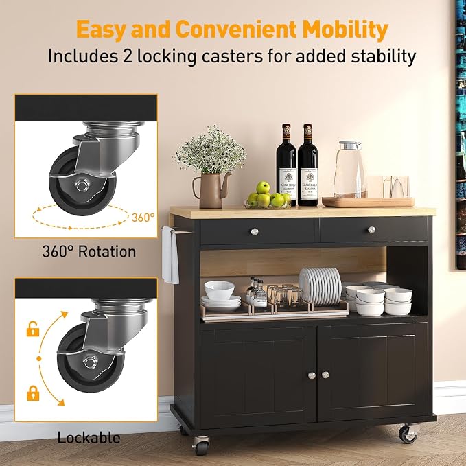 Rolling Kitchen Island with Folding Drop Leaf Breakfast Bar, 35.4'' W Kitchen Cart with Storage Cabinet and 2 Drawers, Portable Mobile Kitchen Island Table with Towel Rack, Lockable Wheels, Black - Image 3