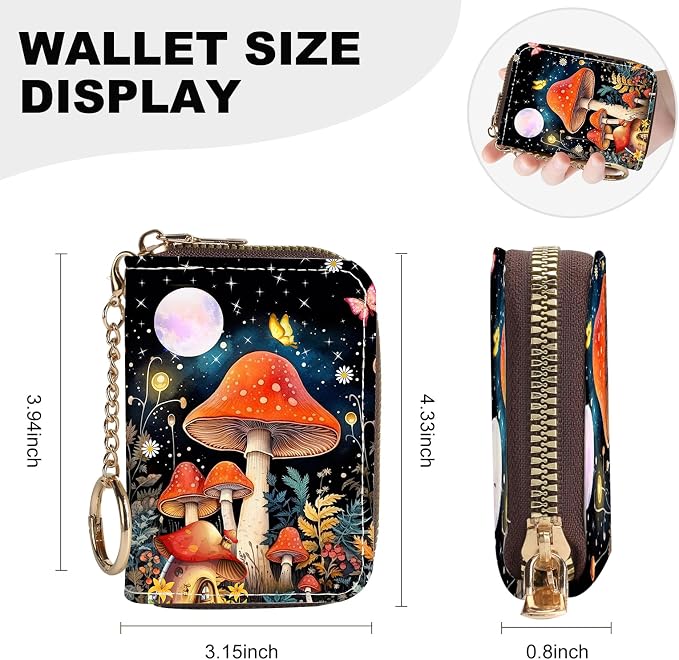 Credit Card Holder for Women,Small Rfid Wallet with Keychain Zipper,Cute PU Leather Card Case Wallet，Accordion Credit Card Wallets Gift,Moon Mushroom - Image 4