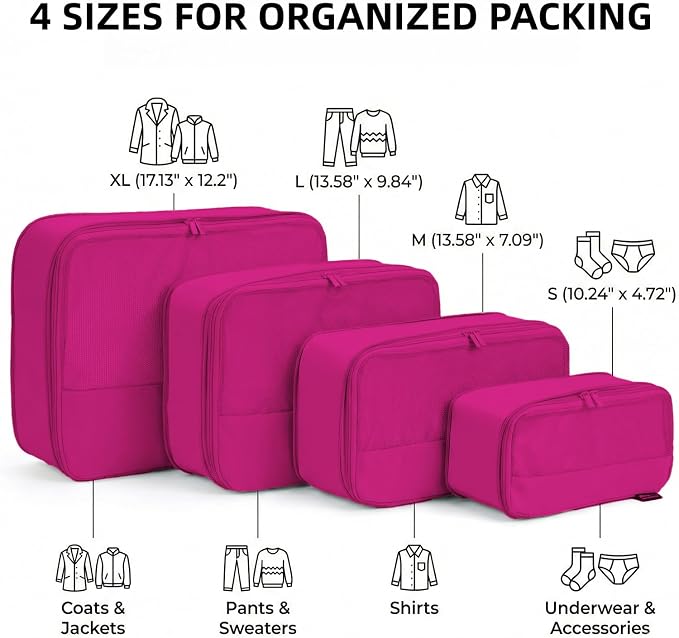 4 Piece Compression Packing Cubes for 3–7 Day Travel, Space Saving Travel Organizers with Breathable Mesh, Double-Zipper Packing Cubes for Carry-On & Suitcases (Red) - Image 3