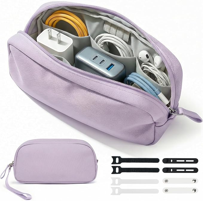 Anti-Tangle Electronics Organizer Travel Cable Bag Purple | 8 compartments for 3ft+ cords, chargers and power banks. Crafted from padded Oxford fabric. Includes 8 cable ties. by Woyinger