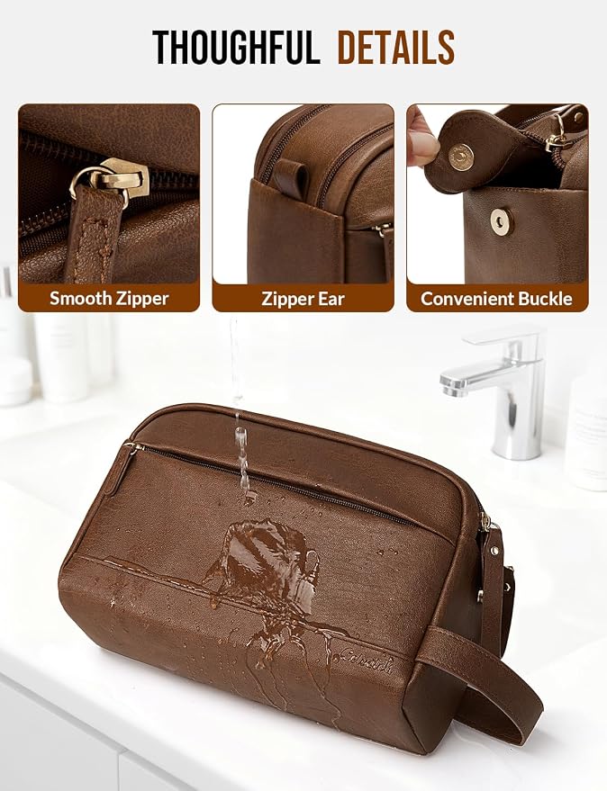PU Leather Toiletry Bag for Men - Water Resistant Travel Bag for Toiletries, Bathroom Essentials, Accessories - Brown - Image 5