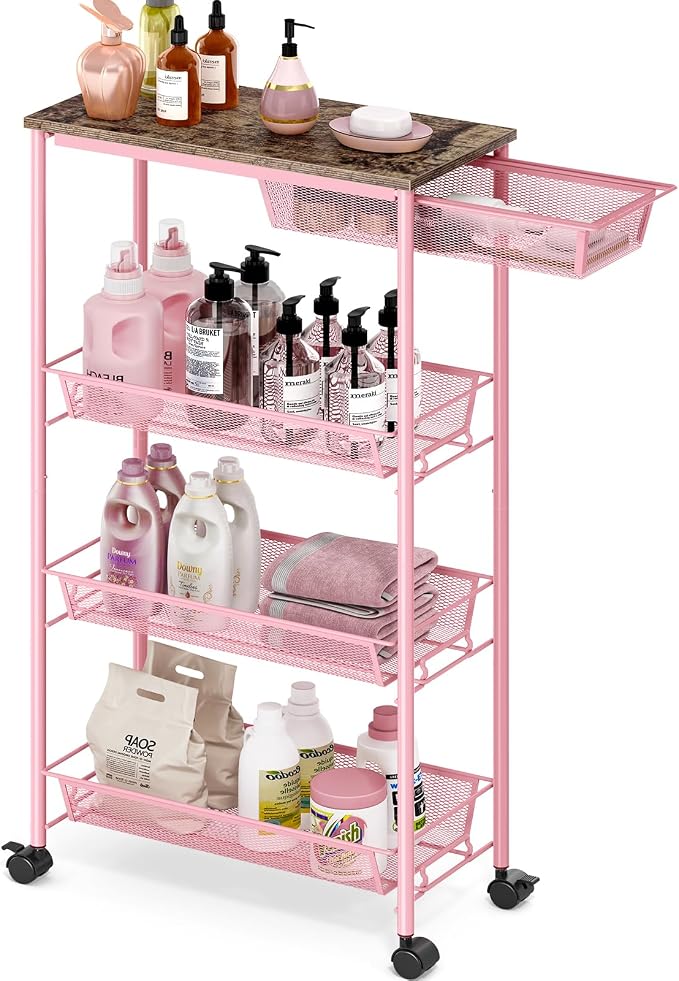 KINGRACK 4-Tier Slim Storage Cart, Metal Rolling Cart, Organizer with Wooden Tabletop and Drawer Basket, Mobile Shelving Unit for Kitchen, Bathroom, Laundry Room, Pink - Image 8