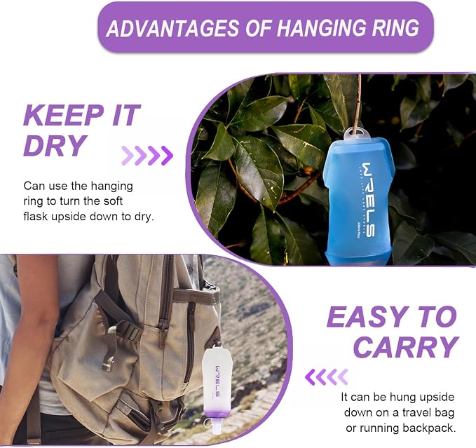 WRELS 200ml/350ml/500ml Collapsible Soft Flask,BPA Free Folding Soft Water Bottle with Hanging Ring,Lightweight TPU Hydration Flask for Running Marathon Cycling Hiking(350ml-2 Packs) - Image 5