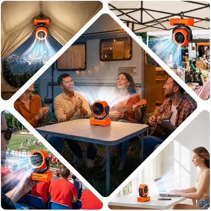 Portable Camping Fan 3-in-1, 20000mAh Rechargeable Fan with 1-100 Speeds | Auto-Oscillating Cordless Battery Powered Fan with 12H Timer, LED Lantern, Display, Gift for Men Women, Travel, Jobsite, Tent - Image 9