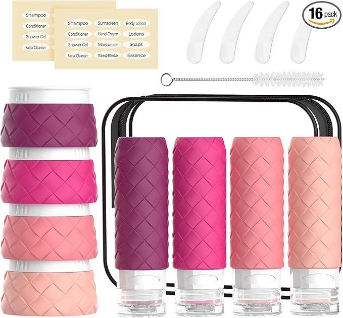 16 Pack Travel Bottles for Toiletries, TSA Approved Travel Size Toiletries Containers Set BPA-Free Silicone Leak Proof Refillable Bottles Stackable Creams Jars Accessories Kit W/Clear Bag Purplish Red by Silevoler