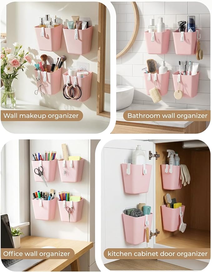 4 Pack Rolling Cart Accessories, Pink Craft Cart Cup Holder and 6 Hooks for Utility Carts, Adhesive Kitchen Cabinet Door Storage, Space-Saving Wall Mount Organizer for Bathroom, Office, Makeup - Image 6