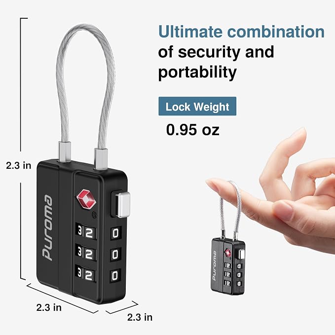 Puroma 2 Pack TSA Locks for Luggage Lightweight 4 Digit Code Padlock Black | TSA Approved, Resettable, Flexible Cable, Zipper holes, Bright Color, Large White Numbers, for Train Travel Suitcase Backpack - Image 5