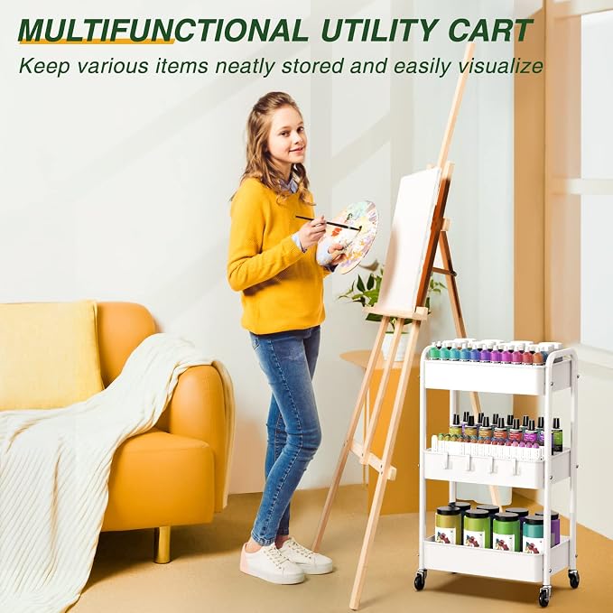 LEHOM 3 Tier Rolling Cart, Metal Rolling Utility Cart with Lockable Wheels | Multi-Functional Heavy Duty Storage Cart Organizer for Bathroom, Kitchen, Office, Living Room, Rolling Storage Trolley - Image 8