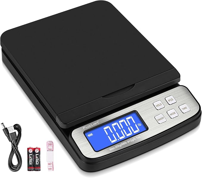 Fuzion Shipping Scale - Digital Postal Scale 88lb x 0.1oz, Flip-up Platform | All-in-1 Postal Scale, Large Display, Hold/Tare/PCS Counting, Easy Calibration, 5 Units, Scale for Packages, Small Business by Fuzion%C2%AE