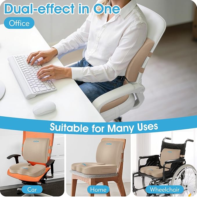 CushZone Seat Cushion and Lumbar Support Pillow for Office Chair, Khaki | Ergonomic Memory Foam for Sciatica Pain Relief & Posture Correction, Non-Slip Chair Cushions for Car, Wheelchair and Travel - Image 7