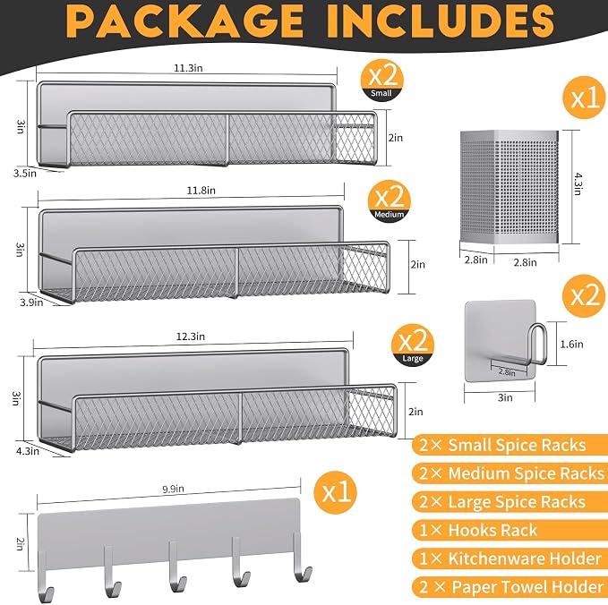 Magnetic Spice Rack for Refrigerator, 10 Pack 100% Metal Strong Magnet Shelf, Moveable Spice Organizer W/ Adjustable Paper Towel Holder, Hook Rack & Utensil Caddy, Home Kitchen Laundry Storage, Grey - Image 2
