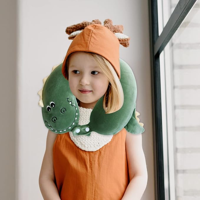 Sexysamba Cartoon Headrest & Neck Pillow for Kids Boys & Girls, Teens, Travel Accessories for Airplane, Car, Recline, Memory Foam Cute Travel Pillow with Sleep Eye Mask - Dinosaur - Image 5