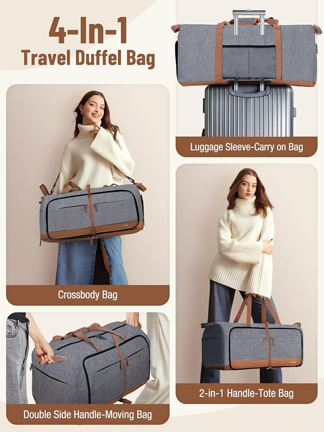 Lekesky Foldable Travel Duffel Bag for Women, 60L Large Duffle Bag with Separate Shoes Compartments & Straps, Carry On Weekend Bag for Women, Hospital, Overnight(Grey) - Image 5